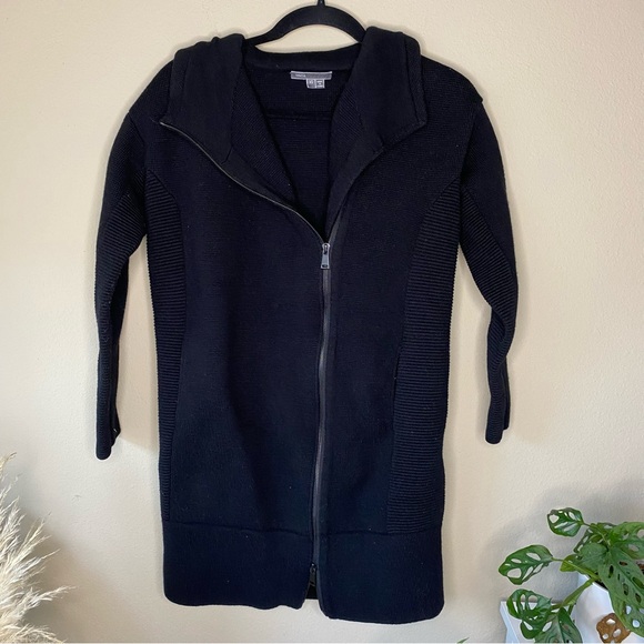 Vince. Wool Black Knit Sweater Zipup Jacket Pockets Collar Ribbed Side Detail